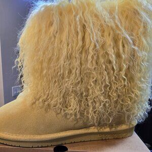 New Bearpaw Boo Boots Leather Suede Long Fur Sheepskin Women's Yellow Size 7 NEW